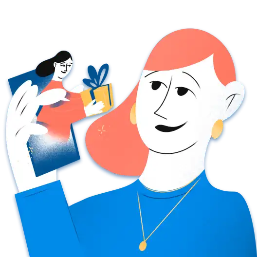 Девушка на первом плане держит телефон, на котором изображена девушка с подарком в руках, окруженная баблами сообщений