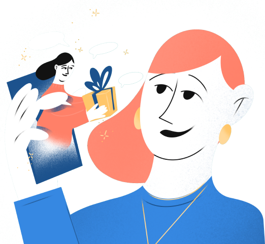 Девушка на первом плане держит телефон, на котором изображена девушка с подарком в руках, окруженная баблами сообщений